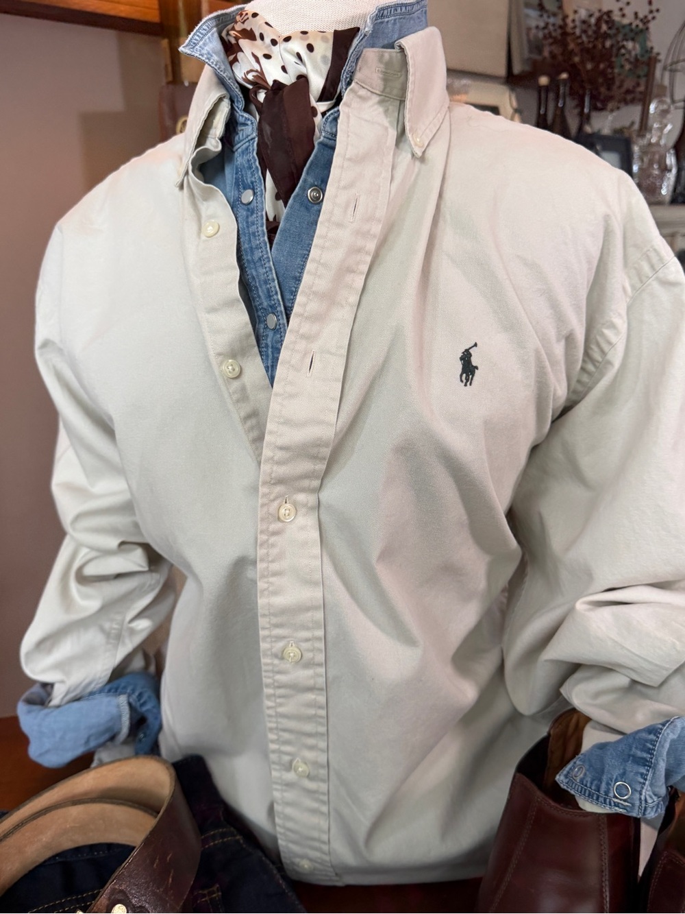 Polo by Ralph Lauren Men's Button-Down Shirt in Light Beige with Green Logo